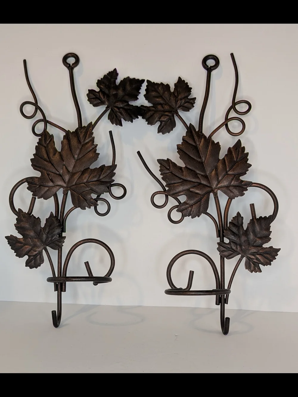 2 Bronze Colored Grape Leaf Designed Candle Holders and Hook Made For The Wall